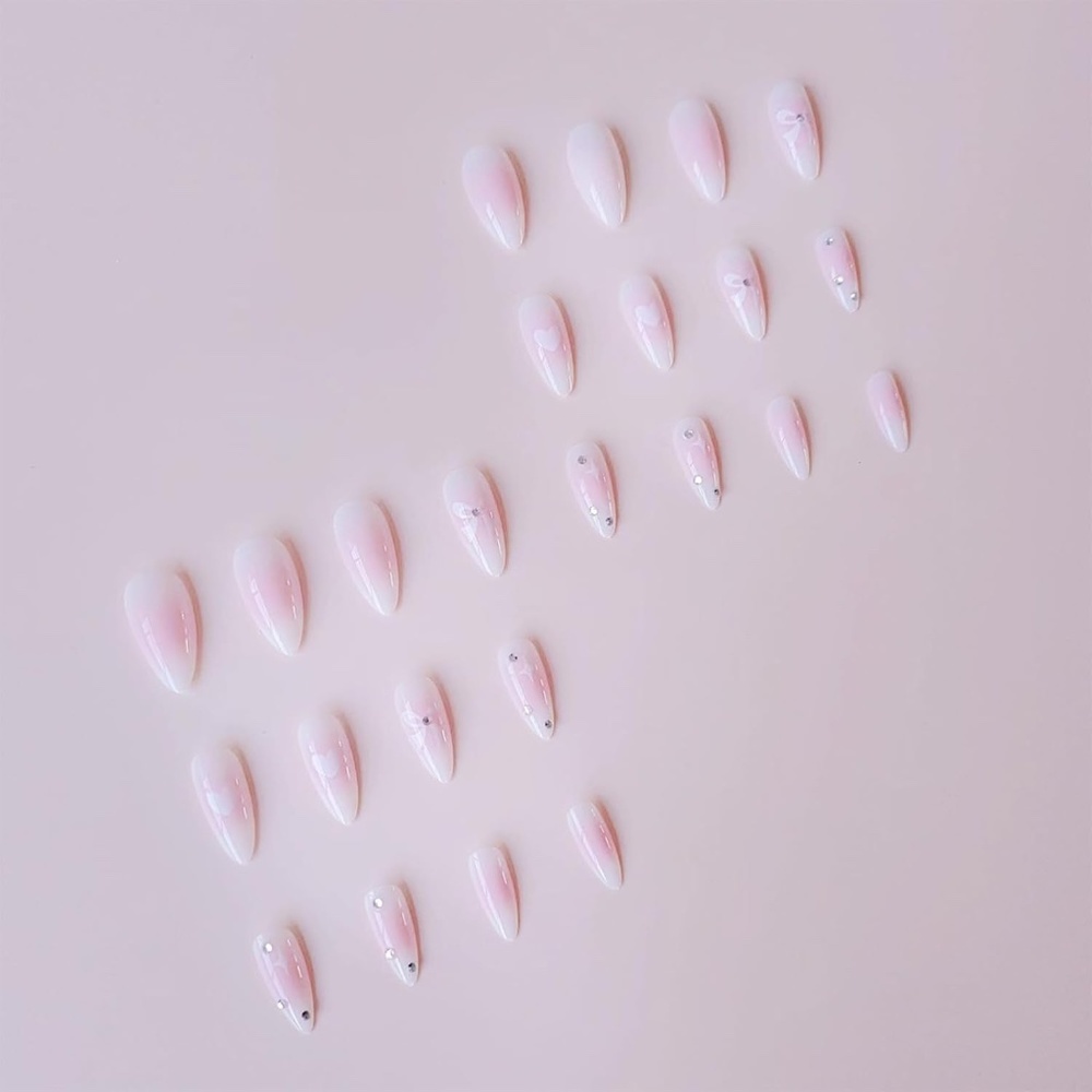 24pcs Pink Press Nails Short Medium Almond Fake Nails w/ Love Heart Bow Design - Picture 3 of 8